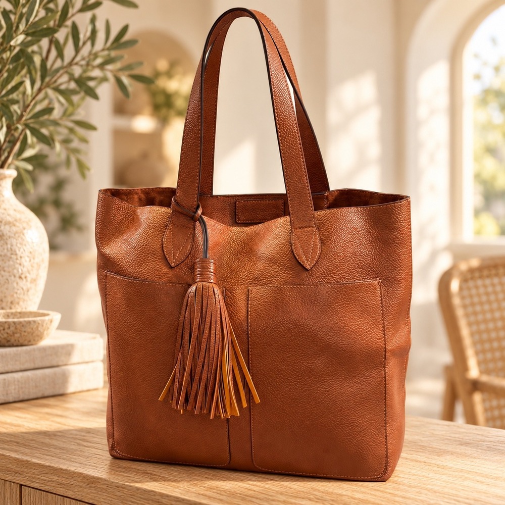Steve Madden Cognac Brown Pebbled Faux Leather Earthy Tassel Tote Shoulder Bag